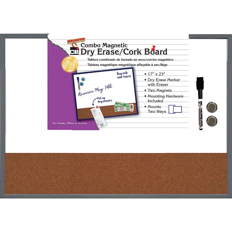 Photo 1 of Charles Leonard Magnetic Dry Erase Board with Cork Board, 17" x 23", w/Eraser/Marker and 2 Magnets, Gray Frame, 1 Each