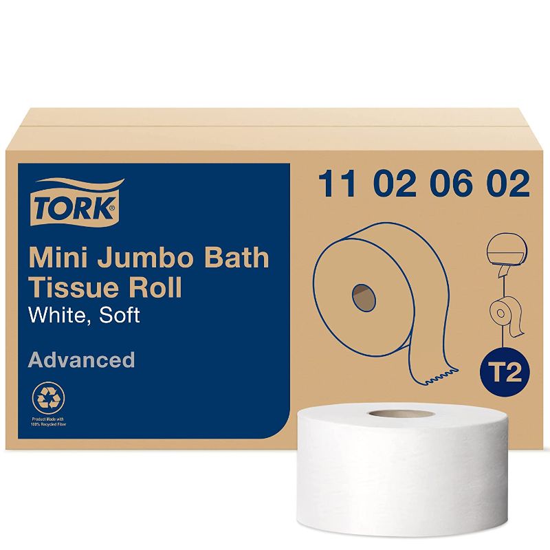 Photo 1 of (USED)Tork Mini Jumbo Bath Tissue Roll - Toilet Paper Towels with Advanced Soft Quality, Compatible with T2 Tork Dispenser, 12 rolls x 1075, 2-Ply Sheets, Color: White, 11020602
