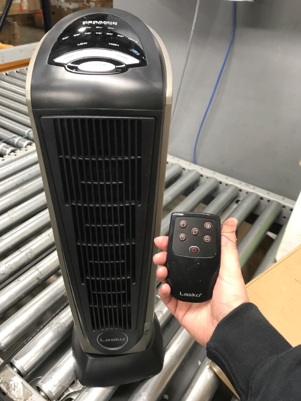 Photo 2 of ***TESTED NOT WORKING*** Lasko Oscillating Ceramic Tower Space Heater for Home with Adjustable Thermostat, Timer and Remote Control, 22.5 Inches, Grey/Black, 1500W, 751320