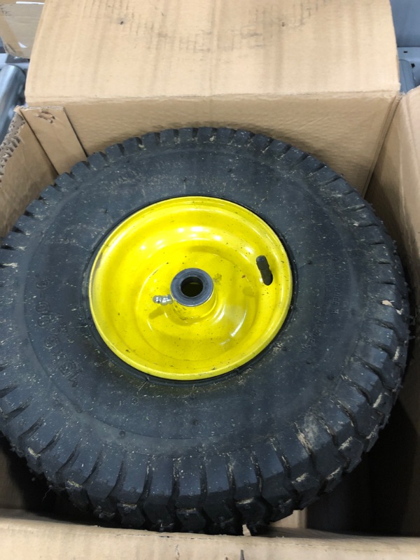 Photo 2 of (2 Pack) AR-PRO Exact Replacement 15" x 6.00 - 6" Front Tire and Wheel Assemblies for John Deere Riding Mowers - Compatible with John Deere 100 and D100 Series - 3” Hub Offset and 3/4” Bushings 15" x 6.00-6" Yellow