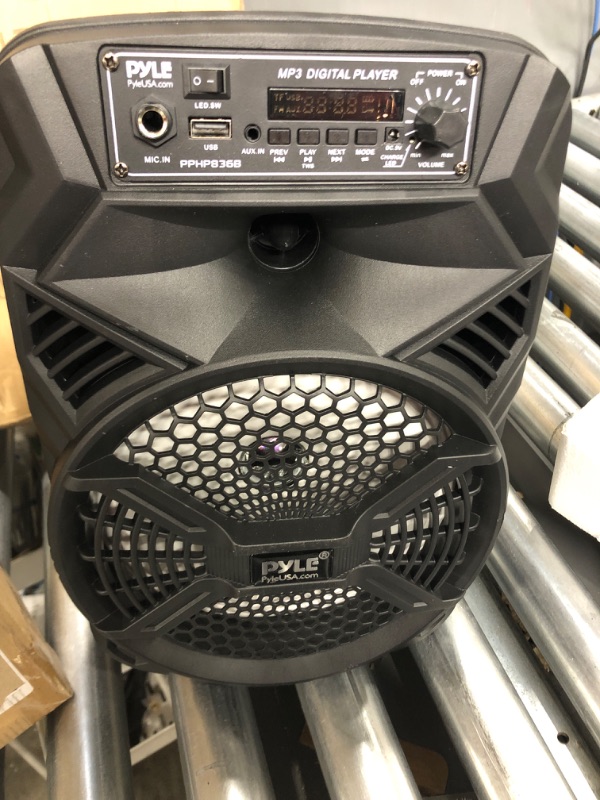 Photo 3 of Portable Bluetooth PA Speaker System - 300W Rechargeable Indoor/Outdoor Bluetooth Portable PA System w/ 8” Subwoofer 1” Tweeter, Microphone In, Party Lights, MP3/USB, Radio, Remote - Pyle PPHP836B