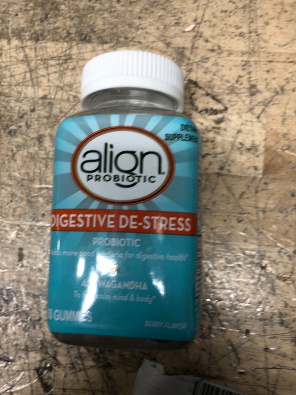 Photo 2 of *EXP:2/2023* Align Probiotic, Digestive De-stress, Probiotic for Women and Men with Ashwagandha, Helps with a Healthy Response to Stress, Gluten Free, Soy Free, Vegetarian, 50 Gummies 50 Count (Pack of 1)