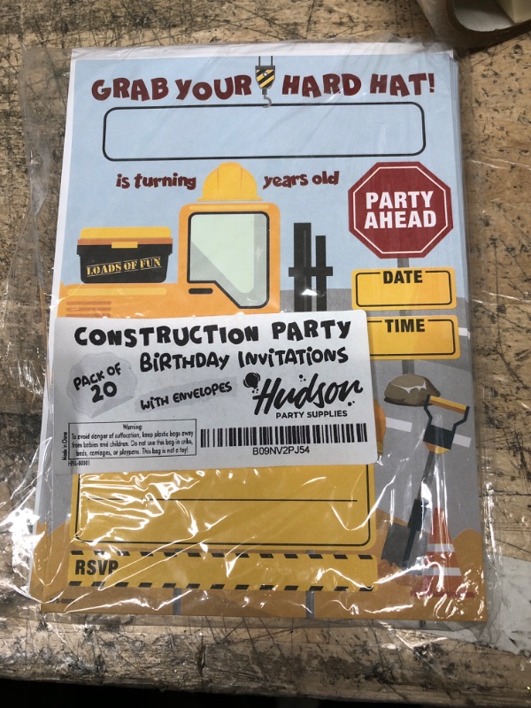 Photo 2 of Construction Birthday Party Invites with Envelopes - (Pack of 20) - Construction Truck Party Invitations for Boys, Girls, Toddlers, Children. Construction Party Supplies. Fill In Style.