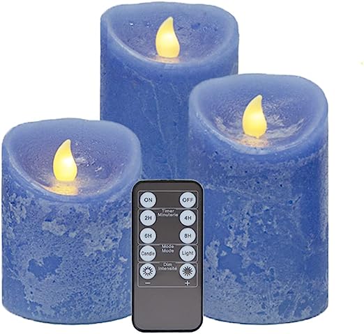 Photo 1 of  Realistic and Bright Flameless Candle Dark Blue Pillar Led Candle Flickering Moving Warm Light Textured Wax Finish 3 Pieces Candles(3"x4"5" 6") Real Wax Battery Powered Remote Control