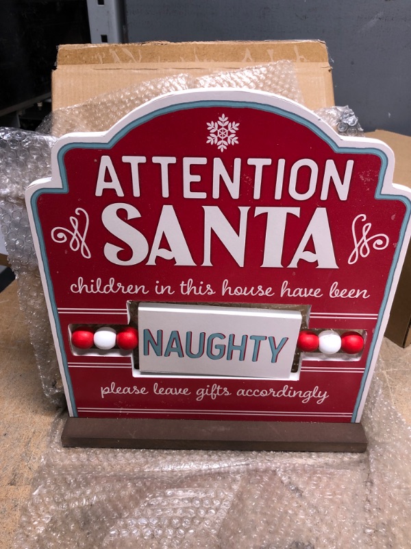 Photo 1 of Adroiteet Christmas Decorations Table Sign, 11" x 10" Attention Santa Naughty or Nice Tabletop Centerpiece, Wooden Sign Xmas Decor for Indoor Home Kitchen Party