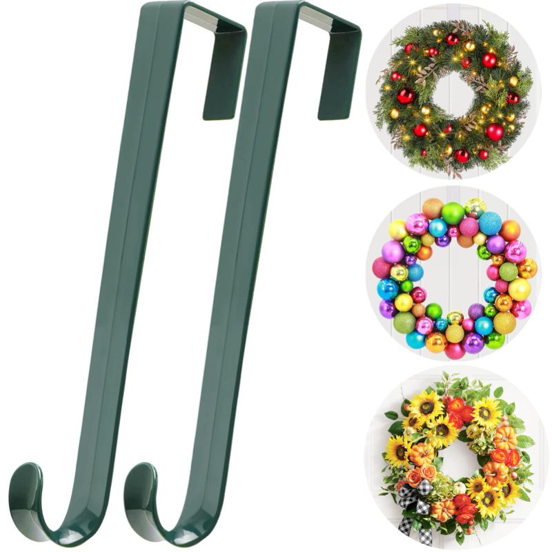 Photo 1 of 15 IN Wreath-Hangers for Front Door,2 Pack Easter Christmas Halloween Decorations Wreath-Door-Hanger Over The Door Hooks Outdoor Indoor,Non Scratch Door Organizer Welcome Sign for Front Door Decor Green