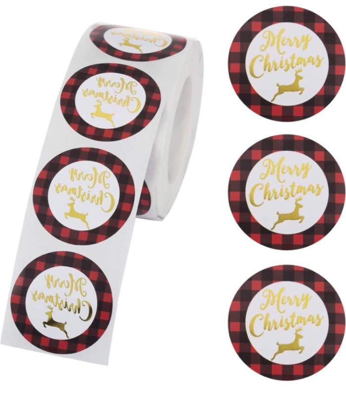 Photo 1 of 1.5 Inch Merry Christmas Stickers 500pcs Buffalo Plaid Round Sealing Stickers Red and Black Checkered Pattern Envelope Seals Card Seals Christmas Decorative Round Labels for Wedding Party Gift Box