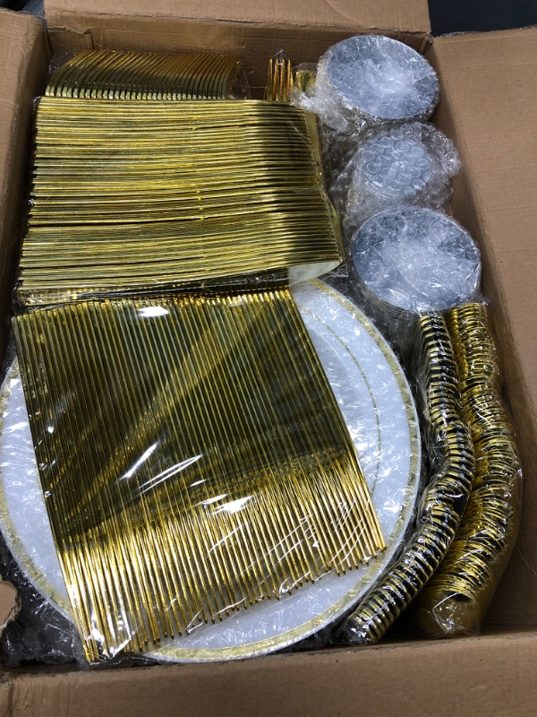 Photo 2 of 600 Piece Gold Dinnerware Party Set (100 Guest), 100 Dinner Plastic Plates, 100 Salad Gold Plates, 100 Gold Plastic Silverware Set, 100 Gold Plastic Cups Disposable Party Pack Wedding Birthday Parties Gold (100 Guests)