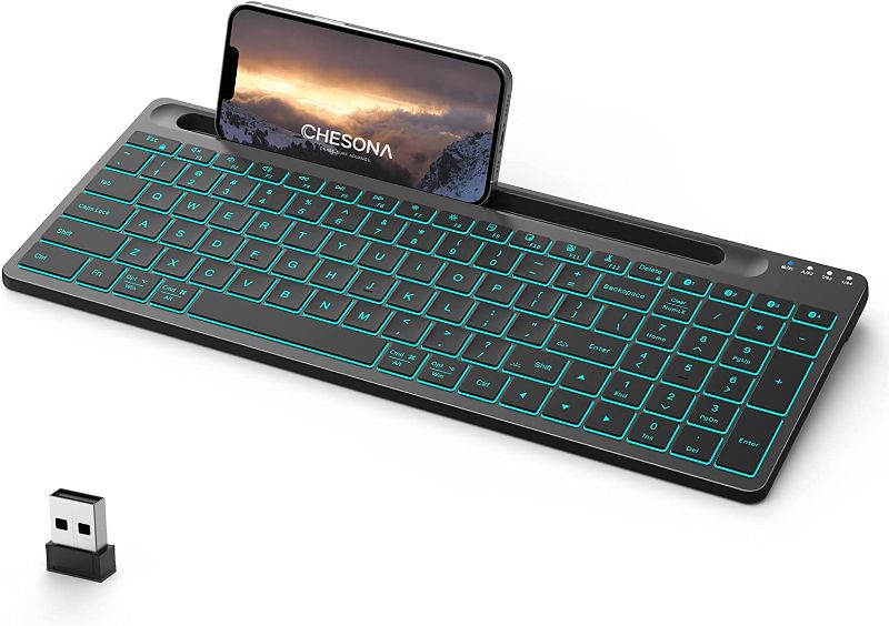 Photo 1 of CHESONA Multi Device Wireless Keyboard, 7 Color Backlit, Rechargeable Bluetooth Keyboard, with Phone Holder, Connect Up to 5 Devices, Compatible with Mac...
