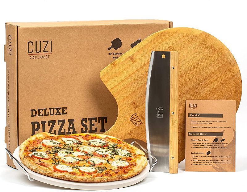 Photo 1 of Cuzi Gourmet XL 4-Piece Pizza Stone Set - 15" Thermal Shock Resistant Cordierite Pizza Baking Stone, 22" Natural Bamboo Pizza Peel & Pizza...
