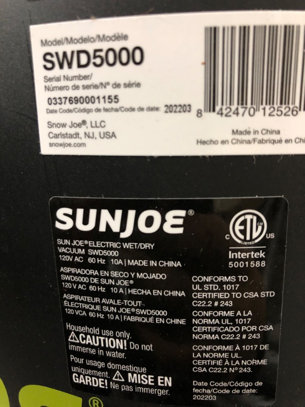Photo 2 of ***TESTED POWER ON***Sun Joe SWD5000 5-Gallon 1200-Watt 7 Peak HP Wet/Dry Shop Vacuum, HEPA Filtration, Wheeled w/Cleaning Attachments, for Home, Workshops, Pet Hair and Auto Use, 5 Gallon, Black/Green 5 Gallon, 7 HP Canister Vacuums