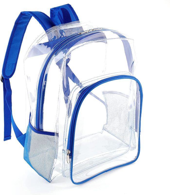 Photo 1 of Clear Backpack Heavy Duty See Through Plastic Clear Bookbags for School Festival Work College Stadium (Blue) 16 Inch
