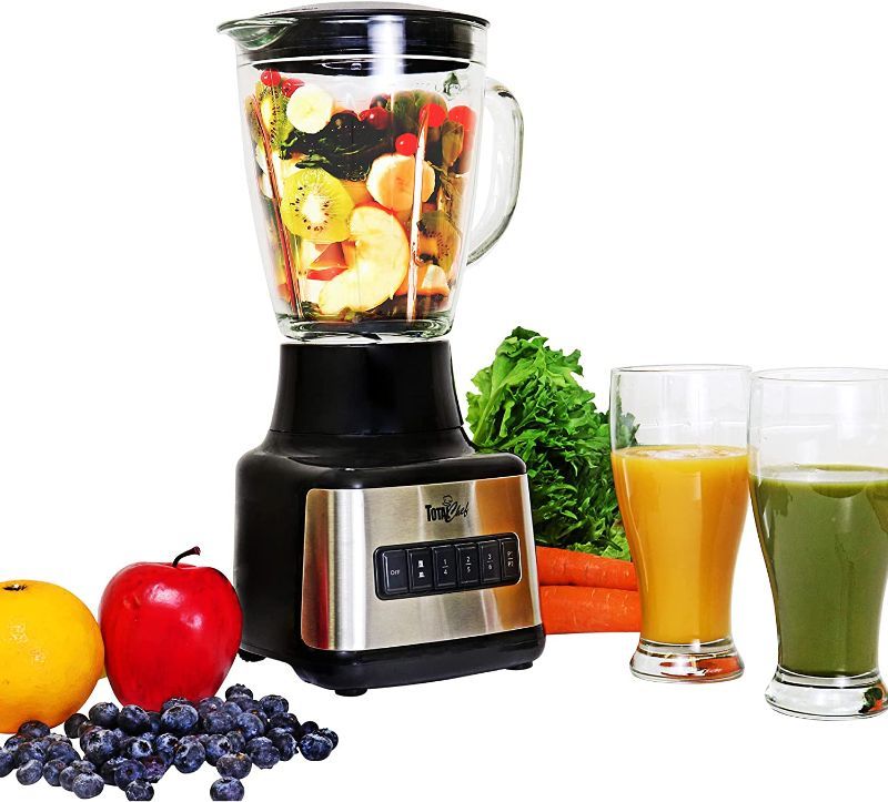 Photo 1 of ***FOR PARTS ONLY, DOES NOT TURN ON*** Total Chef 6-Speed + 2 Pulse Options Countertop Blender, 6 Cup (1.5L) Glass Jar, Stainless Steel Blades, Auto-Clean Function, Puree, Crush, Blend For Smoothies, Shakes, Dips, Black and Silver
