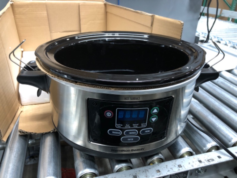Photo 2 of ***FOR PARTS ONLY, DOES NOT TURN ON*** Hamilton Beach Portable 6 Quart Set & Forget Digital Programmable Slow Cooker with Lid Lock, Dishwasher Safe Crock & Lid, Temperature Probe, Stainless Steel
