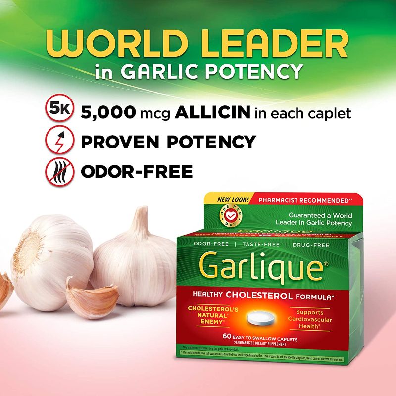 Photo 1 of 
Garlique Garlic Extract Supplement, Healthy Cholesterol Formula, Odorless & Vegan, 60 Caplets