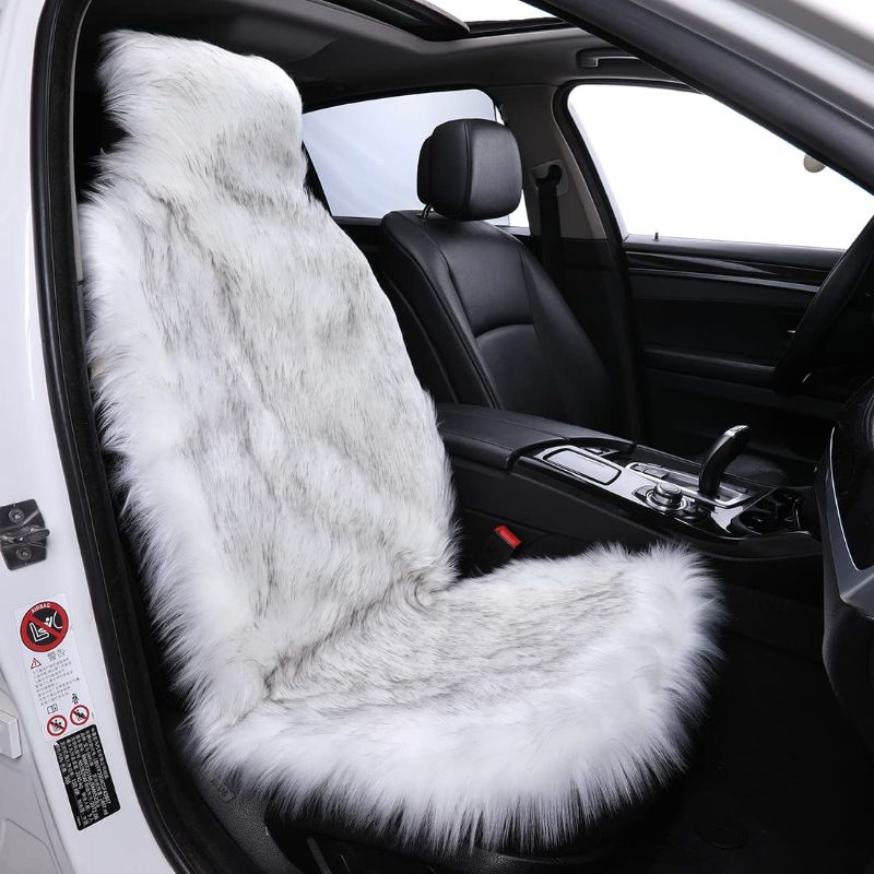 Photo 1 of 1Pc Faux Sheepskin Wool Fur Car Seat Cover for Cars SUV Trucks Universal Fit, Soft Plush Synthetic Wool Buck Fur Car Seat Cushions by FLMaples(White Gray)
