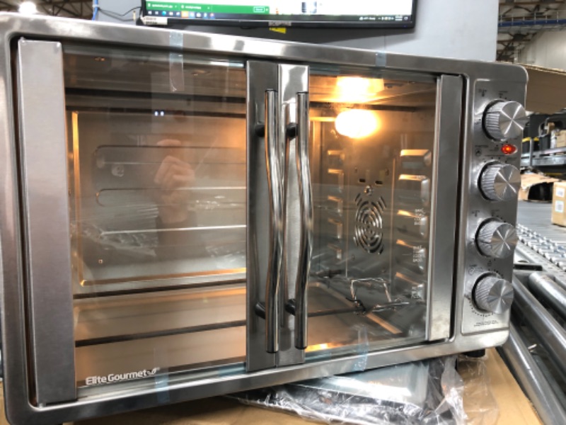 Photo 2 of *Tested* Elite Gourmet ETO-4510M French Door 47.5Qt, 18-Slice Convection Oven 4-Control Knobs, Bake Broil Toast Rotisserie Keep Warm, Includes 2 x 14" Pizza Racks, Stainless Steel Stainless Steel and Black 18-Slice, 45L With Rotisserie and Convection