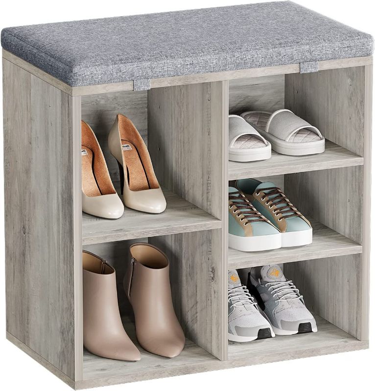 Photo 1 of IDEALHOUSE Shoe Bench Entryway with Storage, Shoe Rack Bench with Cushion, Cubby Seat Shoe Cabinet, 3-Tier Adjustable Shelf for Entryway, Living Room, Bedroom, Hallway (Grey, 20 inch)
