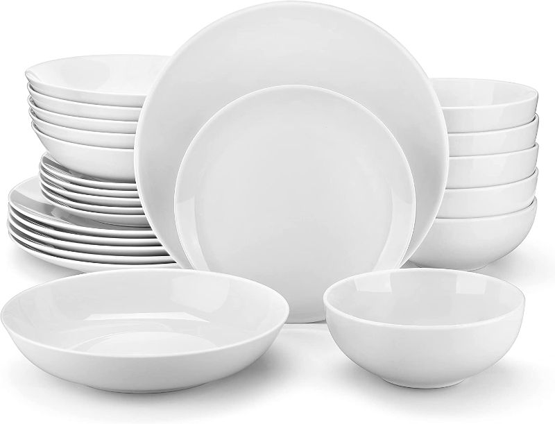 Photo 1 of MALACASA Dinnerware Sets, 24-Piece Gourmet Porcelain Plates and Bowls Sets, Modern Round Dish Set for 6, Premium Serving Plate Set for Dessert, Salad, Soup, Pasta, Series AMELIA
