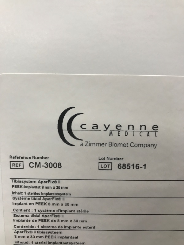 Photo 3 of ***ITEM HAS NOT BEEN PHOTOGRAPHED. PLEASE SEE FULL NOTES*** CAYENNE MEDICAL CM-3008 AperFix II Tibial System PEEK Implant, 8mm x 30mm, Exp 19 October 2023, K0720 ***AS-IS NO RETURNS*** 