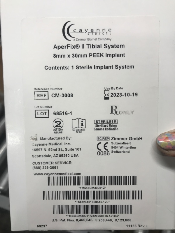 Photo 2 of ***ITEM HAS NOT BEEN PHOTOGRAPHED. PLEASE SEE FULL NOTES*** CAYENNE MEDICAL CM-3008 AperFix II Tibial System PEEK Implant, 8mm x 30mm, Exp 19 October 2023, K0720 ***AS-IS NO RETURNS*** 