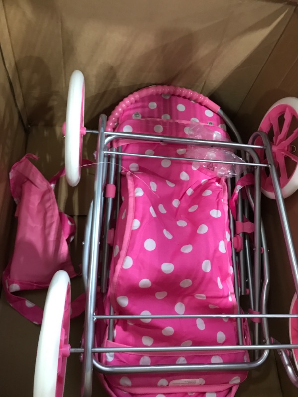 Photo 2 of Badger Basket 3-in-1 Doll Pram, Carrier, and Stroller (fits American Girl Dolls), Pink/Dots