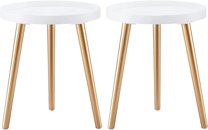 Photo 1 of ***STOCK PHOTO IS FOR REFERENCE ONLY*** Apicizon Round Side Table Set of 2, White Gold Tray Nightstand Sofa Coffee Table End Table for Living Room, Bedroom, Small Spaces, Easy Assembly Bedside Table, 15 x 15 x 18 Inches
