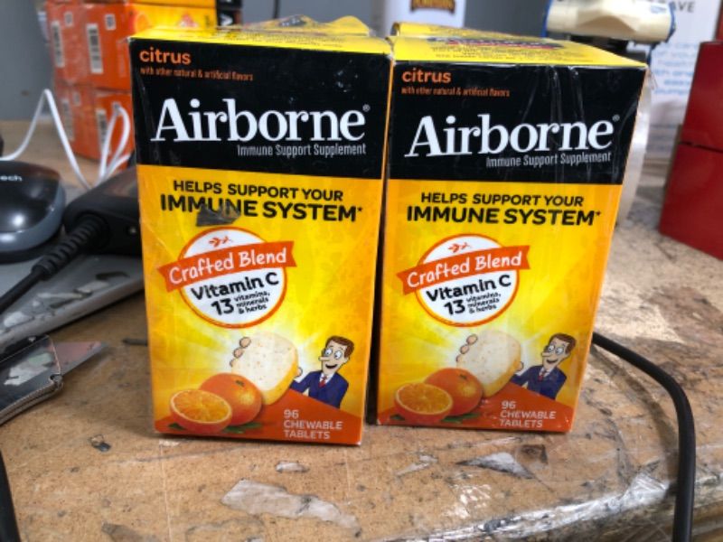 Photo 1 of Airborne 1000mg Chewable Tablets with Zinc, Immune Support Supplement with Powerful Antioxidants Vitamins A C & E - 96 Tablets, Citrus Flavor Citrus 96 Count  Exp: 11/2023 (Pack of 2)
