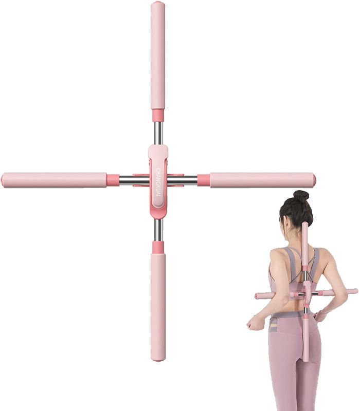 Photo 1 of  Yoga Sticks Training for Posture Corrector, Retractable Humpback Correction Stick Open Shoulders & Back, Yoga Sticks Stretching Tool for Child, Teenager, Adults Pink