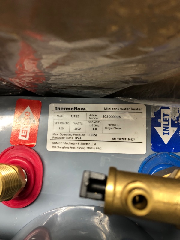 Photo 3 of **USED** Thermoflow UT15 4 Gallons 110~120V Corded Electric Mini-Tank Water Heater Under Sink 110V ~ 120V, 1.5kW at 120 Volts