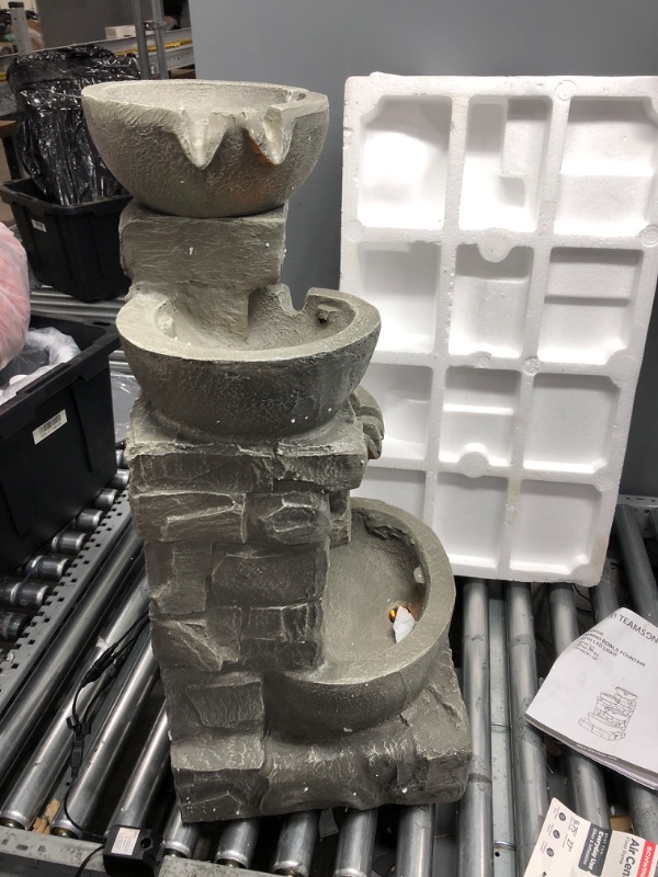 Photo 1 of *BROKEN MOTOR* Teamson Home Water 4 Tiered Bowls Floor Stacked Stone Waterfall Fountain with LED Lights  33 inch Tall, Gray