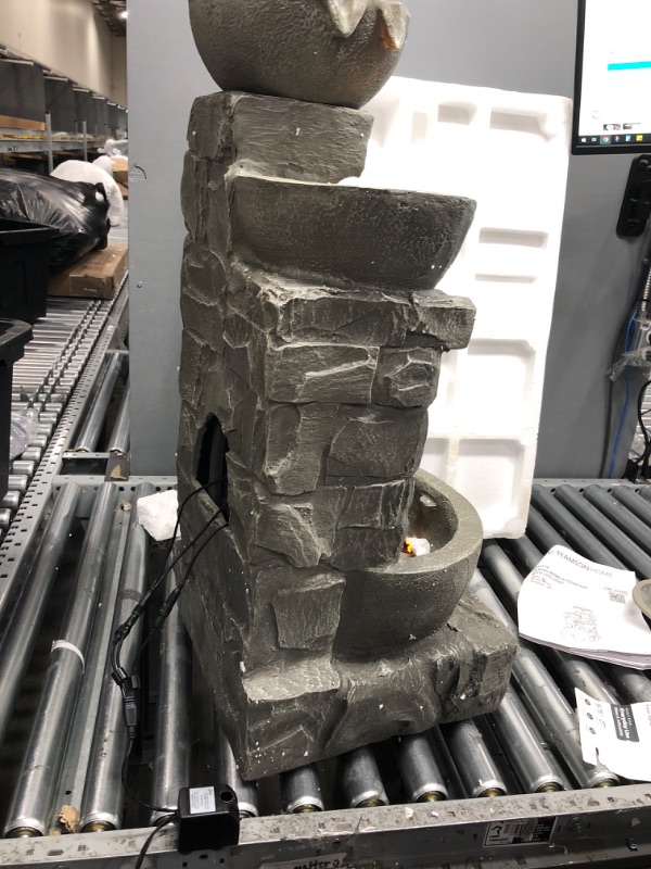 Photo 1 of *BROKEN MOTOR* Teamson Home Water 4 Tiered Bowls Floor Stacked Stone Waterfall Fountain with LED Lights  33 inch Tall, Gray