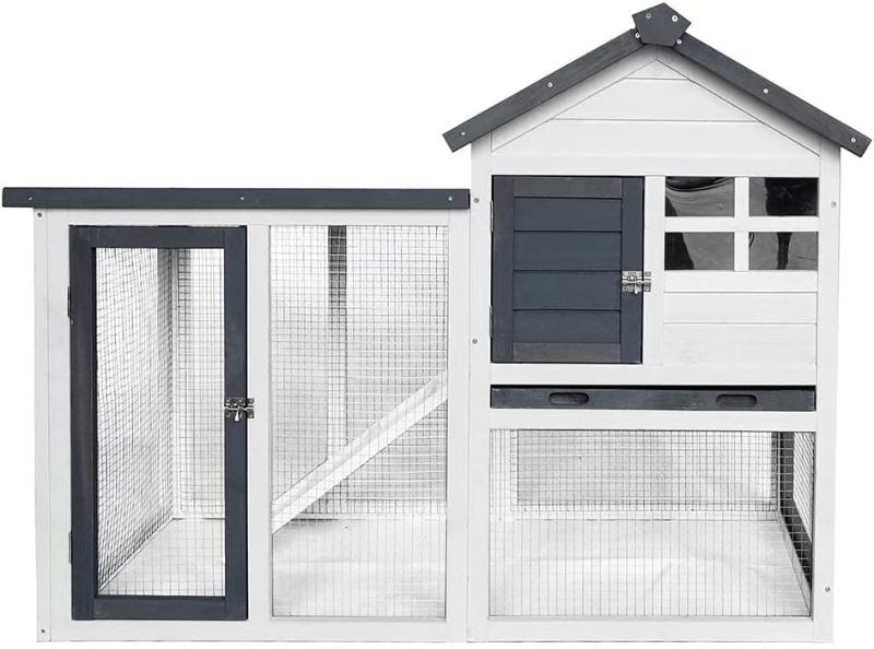 Photo 1 of 48''L Rabbit Hutch Indoor Outdoor Bunny Cage Rabbit Hutch Wood House Pet Cage for Small Animals (Grey/White)
