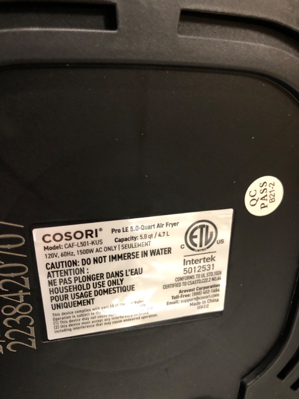 Photo 4 of ***TESTED/ TURNS ON** COSORI Air Fryer, 5 QT, 9-in-1 Airfryer Compact Oilless Small Oven, Dishwasher-Safe, 450? freidora de aire, 30 Exclusive Recipes, Tempered Glass Display, Nonstick Basket, Quiet, Fit for 1-4 People
