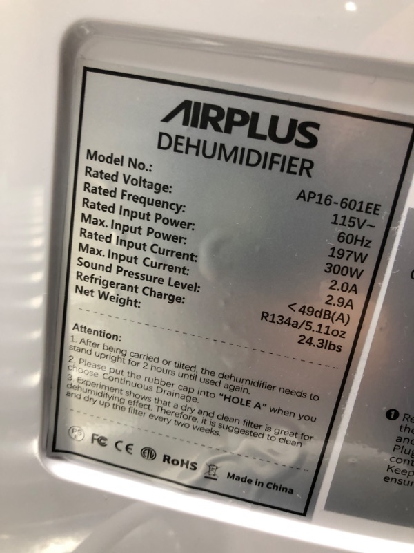 Photo 4 of ***TESTED/ TURNS ON** Airplus Dehumidifiers for Home,3000 Sq Ft Dehumidifier for Basement,Continuous Drainage with Drain Hose, 35pint Dehumidifier for Large Room