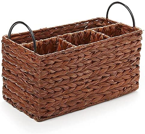 Photo 1 of 
Americanflat Water Hyacinth Basket with Handles - Multipurpose Storage Organizer Caddy - 1 Large and 3 Small Compartments (Walnut Color)