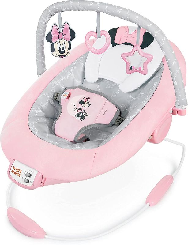 Photo 1 of Bright Starts Minnie Mouse Rosy Skies Baby Bouncer with Vibrating Infant Seat, Music & 3 Playtime Toys, 23x19x23 Inch (Pink)
