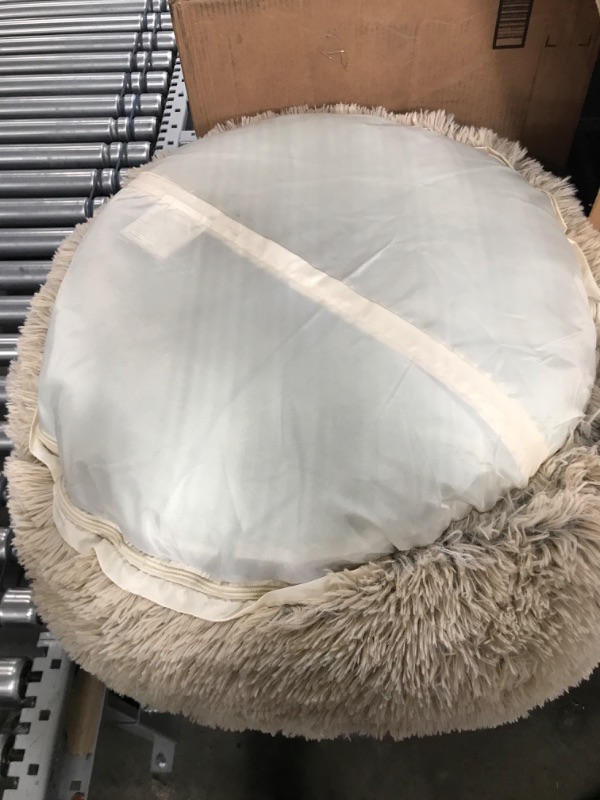 Photo 1 of FuzzBall Fluffy Luxe Pet Bed, Calming Donut Cuddler – Machine Washable, Waterproof Base, Anti-Slip (for Medium Dogs and Cats up to 45lbs) Medium Grey-Beige