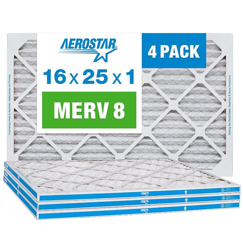 Photo 1 of Aerostar 16x25x1 MERV 8 Pleated Air Filter, AC Furnace Air Filter, 4-Pack (Actual Size: 15 3/4"x24 3/4"x3/4")
