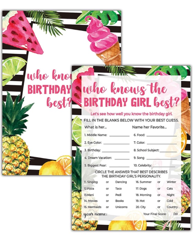 Photo 1 of 14 OF -Who Knows The Birthday Girl Best Ice Cream Watermelon Pineapple Flamigo - Birthday Game Cards - 30 Birthday Game Card Set - (srGAME a003)