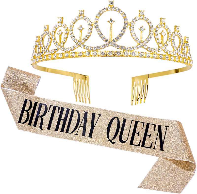 Photo 1 of 3 OF- JunyRuny Birthday Queen Sash & Tiara Set, Gold Birthday Party Decorations, Happy Birthday Party Supplies, Birthday Gifts for Her, Birthday Crowns, Birthday Accessories Headband for Girl