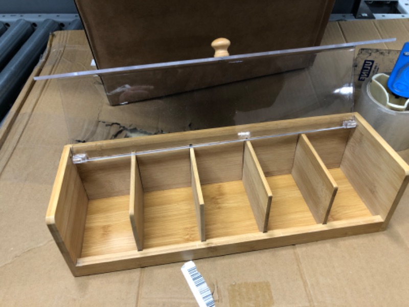 Photo 1 of *DAMAGED* Lipper International 8187 Bamboo Wood and Acrylic Tea Box with 5 Sections, 14" x 5" x 3-3/4" 5-Section with Acrylic Cover
