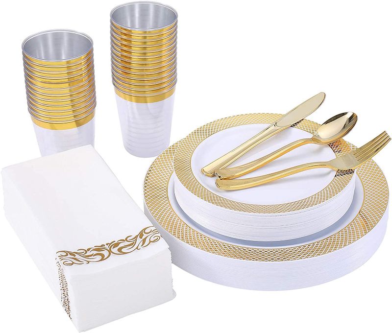 Photo 1 of 175 Piece Gold Dinnerware Set 25 Guest-50 Gold Grid Plastic Plates-25 Gold Plastic Silverware-25 Gold Plastic Cups-25 Linen Like Gold Paper Napkins,..