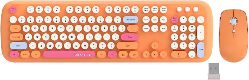 Photo 1 of Colorful Wireless Computer Keyboards Mouse Combos, UBOTIE Polychrome Round Keycaps Retro PC Keyboards 2.4GHz Radio Frequency Connection with Optical Mouse(Orange-Colorful)
