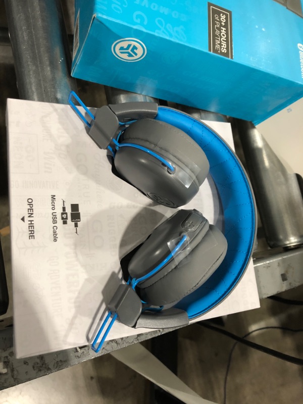 Photo 2 of JLab Studio Bluetooth Wireless On-Ear Headphones | 30+ Hour Bluetooth 5 Playtime | EQ3 Sound | Ultra-Plush Faux Leather & Cloud Foam Cushions | Track and Volume Controls | Gray/Blue Bluetooth Gray / Blue