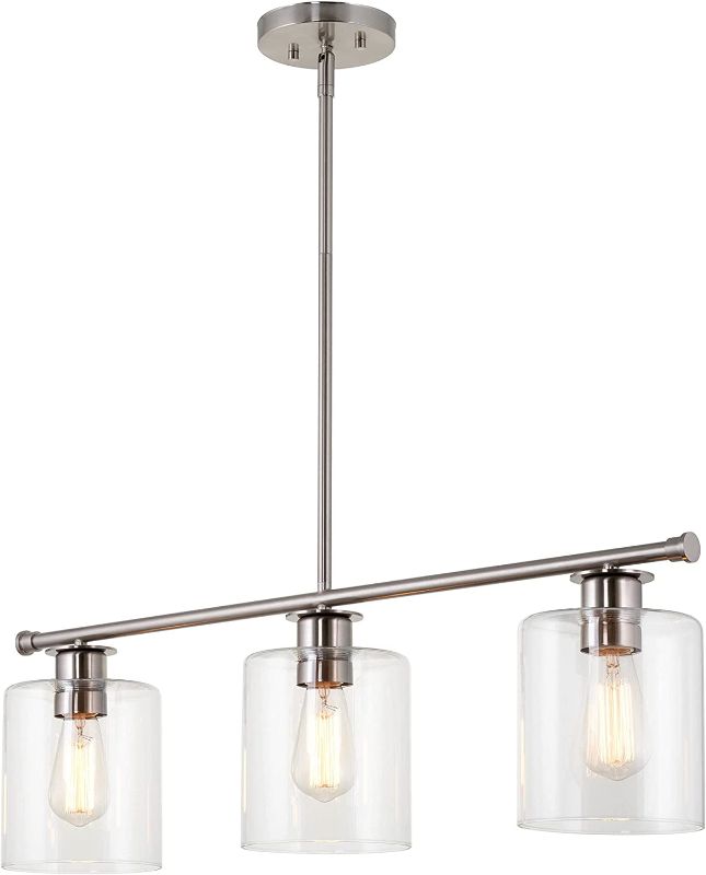 Photo 1 of Kira Home Sloane 31" 3-Light Modern Industrial Farmhouse Island Light + Clear Glass Shades, Adjustable Hanging Height, Brushed Nickel Finish
