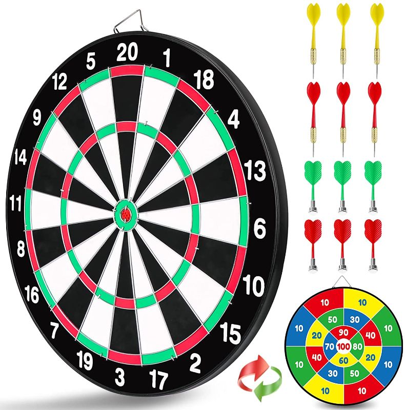 Photo 1 of Double Sided Dart Board-13.5” Magnetic Dart Board/Steel Tip Dartboard-Instant Set-up Reversible Dart Board-6 Magnetic Darts+6 Steel Darts-Dart Board for Kids and Adults, Fun Indoor/Outdoor Family Game
