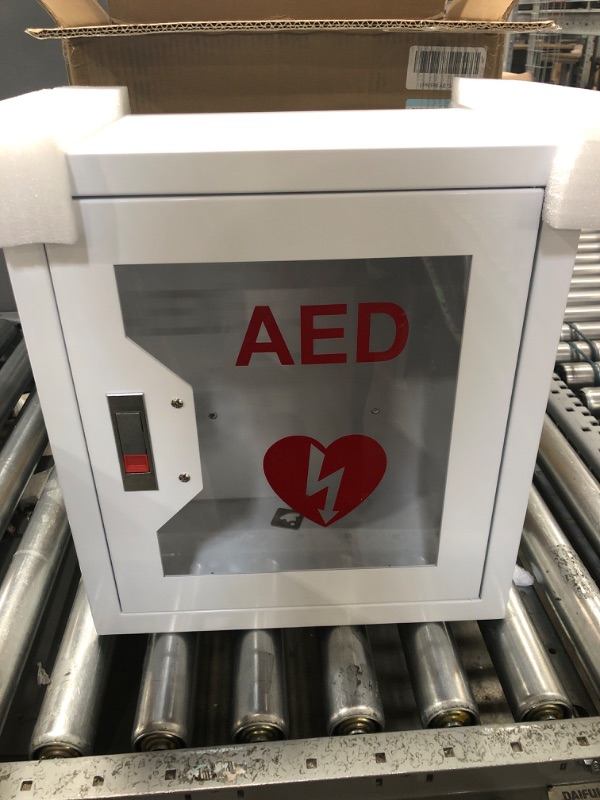 Photo 1 of AED Cabinet Metal Steel Plate Wall Mount Storage Cabinet, CMXIKJ with Snap Lock Fits All AED Defibrillators Suitable Emergency at Home, Office, Hospital and Public Places, 14.1 x 7 x 15.7 Inch
