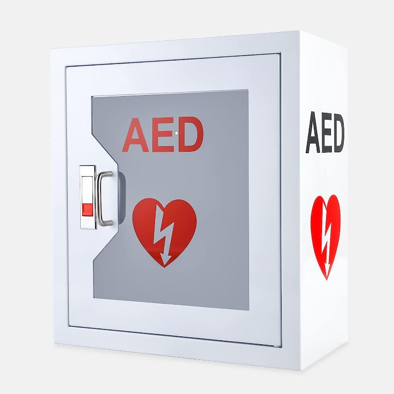 Photo 1 of AED Cabinet Metal Steel Plate Wall Mount Storage Cabinet, CMXIKJ with Snap Lock Fits All AED Defibrillators Suitable Emergency at Home, Office, Hospital and Public Places, 14.1 x 7 x 15.7 Inch
