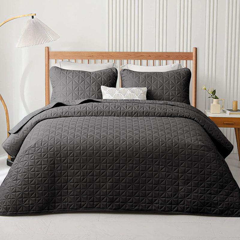 Photo 1 of 3-Piece Queen Size Quilt Set with Pillow Shams, Grid Quilted Bedspread/Coverlet/Bed Cover(96x90 Inches, Steel Grey)